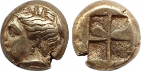 IONIA. Phokaia. EL Hekte (Circa 478-387 BC).
Obv: Head of female left, with hair in ornamented sphendone; below, seal left.
Rev: Quadripartite incuse ...