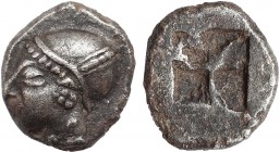 IONIA. Phokaia. Diobol (Circa 521-478 BC).
Obv: Archaic female head left, wearing earring and helmet or close fitting cap.
Rev: Quadripartite incuse s...