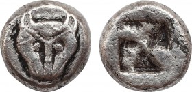 CIMMERIAN BOSPOROS. Pantikapaion. Diobol (Circa 480-438/7 BC).
Obv: Facing head of panther or lion.
Rev: Quadripartite incuse square.
MacDonald 1/5 co...