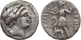 Pamphylia, Perge AR Hemidrachm. Circa 150 BC. Obv: Head of Artemis to right, quiver over shoulder. Rev: APTEMIΔOΣ ΠEPΓAIA, Artemis standing left, hold...