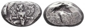 CARIA. Kaunos. Stater (Circa 490-470 BC).
Obv: Winged female figure in kneeling-running stance right.
Rev: Crude rectangular object (baetyl?) within...
