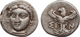 PAPHLAGONIA. Sinope AR Trihemiobol. (Circa 330-300 BC). Obv: Head of nymph Sinope three-quarters facing, turned slightly to left. Rev: Eagle standing ...
