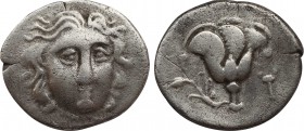 CARIA. Rhodes. Hemidrachm (Circa 408/7-390 BC).
Obv: Head of Helios facing slightly right.
Rev: Rose with bud to right; P to left; all within incuse s...