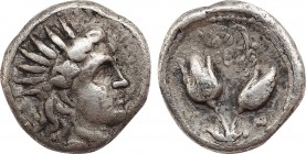 CARIA. Rhodes. Diobol (Circa 394-304 BC).
Obv: Radiate head of Helios right.
Rev: P - O.
Two rose buds; helmet between.
SNG Copenhagen 744.
Condition:...