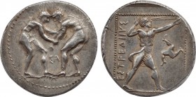 PAMPHYLIA. Aspendos. Stater (Circa 380/75-330/25 BC).
Obv: Two wrestlers grappling; ΣA between.
Rev: EΣTFEΔIIYΣ.
Slinger in throwing stance right; ...