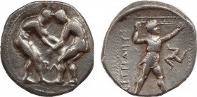 PAMPHYLIA. Aspendos. Stater (Circa 380/75-330/25 BC).
Obv: Two wrestlers grappling; BA between.
Rev: EΣTFEΔIIYΣ.
Slinger in throwing stance right. Con...