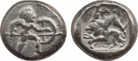 PAMPHYLIA. Aspendos. Stater (Circa 465-430 BC).
Obv: Warrior advancing right, holding shield and spear.
Rev: EΣT.
Triskeles over lion advancing left; ...