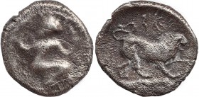 CILICIA, Myriandros. Mazaios(?). Satrap of Cilicia, 361/0-334 BC. AR Obol. Obv: Apollo standing right, shooting arrow; uncertain symbol to left.Rev: L...