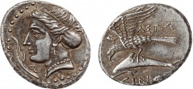 PAPHLAGONIA. Sinope. ( Circa 410-350 BC). Drachm. Astou-, magistrate.Obv: Head of nymph Sinope left, hair elaborately arranged and wearing sakkos. Rev...