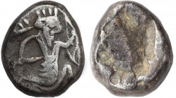 ACHAEMENID EMPIRE. Time of Artaxerxes II to Darius III (Circa 375-330 BC). Siglos.
Obv: Persian king in kneeling-running stance right, holding dagger ...