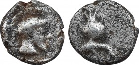PAMPHYLIA, Side. (Circa 460-430 BC).Obol. Obv: Pomegranate. Rev: Helmeted head of Athena right within incuse square. Atlan 28 var. (O-/A26 [unlisted o...