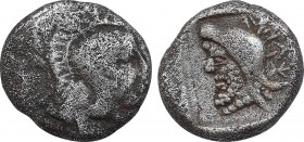 DYNASTS OF LYCIA. Kherei.( Circa 410-390 BC). Obol . Obv: Helmeted head of Athena right. Rev: Laureate head of bearded dynast left, wearing Persian ti...
