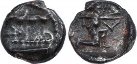 PHOENICIA. Sidon. Abdashtart (Straton) I (Circa 365-356 BC). 1/32 Shekel.
Obv: Phoenician pentekonter left.
Rev: Persian king in kneeling-running stan...