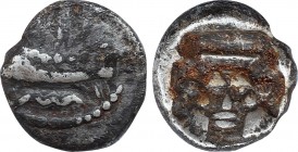 CILICIA. Uncertain. Obol (4th century BC).
Obv: Female head facing slightly left, wearing ear rings and necklace.
Rev: Head of Bes facing.
Göktürk 44;...