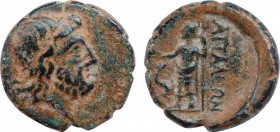 PAMPHYLIA. Attaleia. Ae (2nd-1st centuries BC).
Obv: Draped bust of herakles. 
Rev: ATTAΛEIA.
Zeus left on throne, holding thunderbolt and sceptre.
Ba...