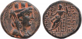 CILICIA. Mopsos. 164-27 BC. Ae . Obv: Veiled and turreted bust of Tyche right; c/m: tripod within oval incuse. Rev: Zeus seated left, holding Nike and...
