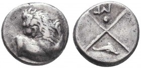 THRACE. Thracian Chersonesos. AR Hemidrachm. Circa 386-338 BC. Obv: Forepart of lion right, head reverted. Rev: Quadripartite incuse square with alter...