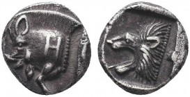 MYSIA. Kyzikos. Obol (Circa 450-400 BC).
Obv: Forepart of boar left; H on shoulder; to right, tunny upward.
Rev: Head of lion left within incuse squar...