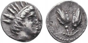 CARIA. Rhodes. Diobol (Circa 394-304 BC).
Obv: Radiate head of Helios right.
Rev: P - O.
Two rose buds; helmet between.
SNG Copenhagen 744.
Condition:...