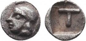 ARKADIA. Tegea. Tetartemorion (Circa 423-400 BC).
Obv: Helmeted head of Athena Alea left.
Rev: T within shallow incuse square.
BCD Peloponnesos 1721; ...