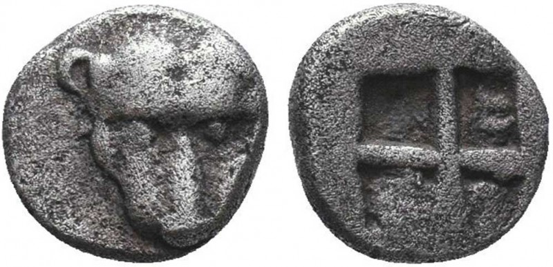 IONIA. Samos. 510-465 BC. AR obol. Obv: Head of panther facing. Rev: Quadriparti...