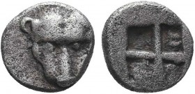 IONIA. Samos. 510-465 BC. AR obol. Obv: Head of panther facing. Rev: Quadripartite incuse square. A. Tsintsifos, Perix Pangaion Epeiros, The dawn of c...