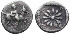 IONIA. Erythrai. 480-450 BC. AR obol. Obv: Nude male leading horse right, holding reins. Rev: Rosette pattern within incuse square. SNG Copenhagen 560...