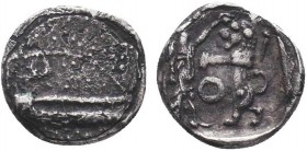 Judaea. Samaria, uncertain mint AR Obol. Circa 375-333 BC. Obv: Sidonian galley to left over waves. Rev: Persian king battling lion, O between; all wi...