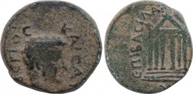 GALATIA, Koinon of Galatia. Tiberius. AD 14-37.Ae .Obv: Bare head right. Rev: Hexastyle temple façade. RPC I Online 3549.8 Condition: Very fine. Extrm...