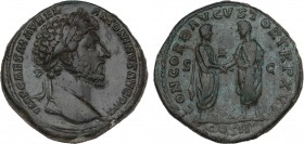MARCUS AURELIUS (161-180). Sestertius. Rome.
Obv: IMP CAES M AVREL ANTONINVS AVG P M.
Laureate head right.
Rev: CONCORD AVGVSTOR TR P XVI / S - C /...