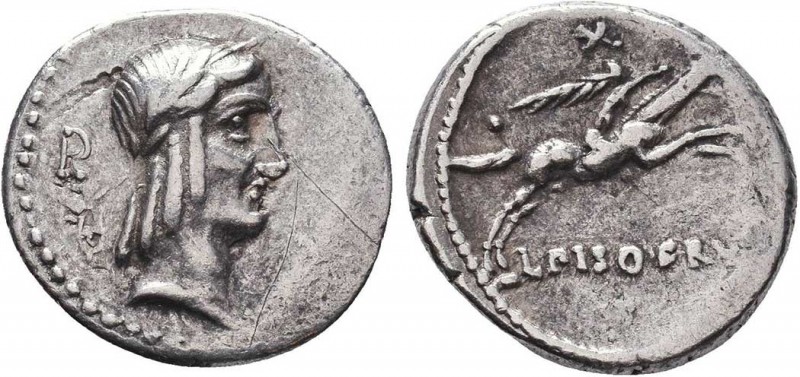 L. CALPURNIUS PISO FRUGI. Denarius (90 BC). Rome.
Obv: Laureate head of Apollo r...