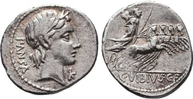 C. VIBIUS C. F. PANSA. Denarius (90 BC). Rome.
Obv: PANSA.
Laureate head of Apol...