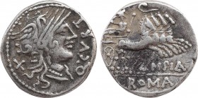 Q. CURTIUS & M. SILANUS. Denarius (116-115 BC). Rome. Obv: Q CVRT. Helmeted head of Roma right; X (mark of value) to left. Rev: M SILA / ROMA. Jupiter...