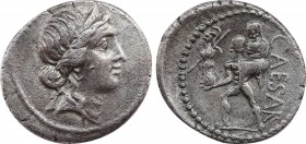JULIUS CAESAR. Denarius (48-47 BC). Military mint traveling with Caesar in North Africa.
Obv: Diademed head of Venus right.
Rev: CAESAR.
Aeneas adv...