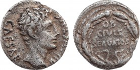 AUGUSTUS (27 BC-14 AD). Denarius. Uncertain mint in Spain, possibly Colonia Patricia.
Obv: CAESAR AVGVSTVS.
Bare head right.
Rev: OB / CIVIS / SERVATO...