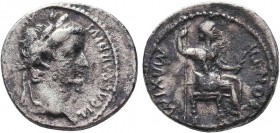 TIBERIUS (14-37). Denarius. Lugdunum. "Tribute Penny" type.
Obv: TI CAESAR DIVI AVG F AVGVSTVS.
Laureate head right.
Rev: PONTIF MAXIM.
Livia (as Pax)...