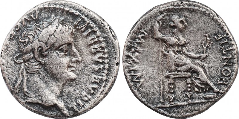 TIBERIUS (14-37). Denarius. Lugdunum. "Tribute Penny" type.
Obv: TI CAESAR DIVI ...