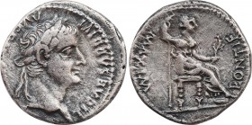 TIBERIUS (14-37). Denarius. Lugdunum. "Tribute Penny" type.
Obv: TI CAESAR DIVI AVG F AVGVSTVS.
Laureate head right.
Rev: PONTIF MAXIM.
Livia (as Pax)...