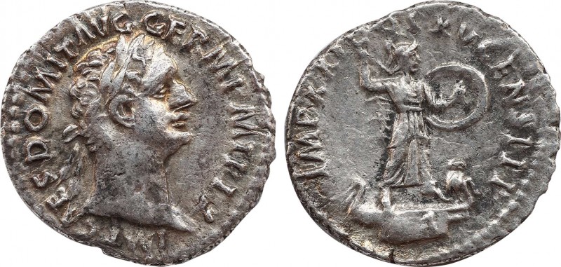 DOMITIAN (81-96). Denarius. Rome.
Obv: IMP CAES DOMIT AVG GERM P M TR P VIIII.
L...