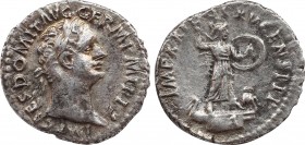 DOMITIAN (81-96). Denarius. Rome.
Obv: IMP CAES DOMIT AVG GERM P M TR P VIIII.
Laureate head right.
Rev: IMP XXI COS XV CENS P P P.
Minerva, holding s...