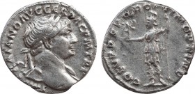 TRAJAN. 103-112. Rome. Denarius.Obv: Laureate head right. Rev: COS V PP SPQR OPTIMO PRINC. Roma shelf with Victoria and flagpole. C68. RIC115. Conditi...