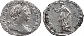 TRAJAN. 98-117. Rome. Denarius. 110. Obv: Bust to the right. with L. and draping on the l. Shoulder. Rev: COS V PP SPQR OPTIMO PRINC Felicitas n.l. st...