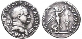 VESPASIAN (69-79). Denarius. Rome.
Obv: IMP CAES VESP AVG P M COS IIII.
Laureate head right.
Rev: VICTORIA AVGVSTI.
Victory advancing right, holding p...