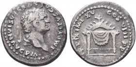 TITUS (79-81). Denarius. Rome.
Obv: IMP TITVS CAES VESPASIAN AVG P M.
Laureate head right.
Rev: TR P IX IMP XV COS VIII P P.
Pulvinar (throne) of Jupi...