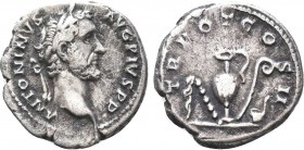 ANTONINUS PIUS (138-161). Denarius. Rome.
Obv: ANTONINVS AVG PIVS P P.
Bare head right.
Rev: TR POT COS II .
Sacrificial implements: knife, aspergillu...