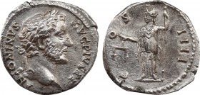 ANTONINUS PIUS (138-161). Denarius. Rome.
Obv: ANTONINVS AVG PIVS P P.
Laureate head right.
Rev: COS IIII.
Aequitas standing left, holding scales and ...
