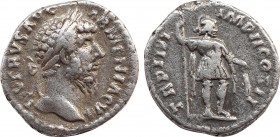 LUCIUS VERUS (161-169). Denarius. Rome.
Obv: L VERVS AVG ARMENIACVS.
Bareheaded and cuirassed bust right.
Rev: TR P IIII IMP II COS II.
Mars standing ...