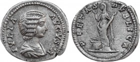 JULIA DOMNA (Augusta, 193-217). Denarius. Rome.
Obv: IVLIA AVGVSTA.
Draped bust right.
Rev: PIETAS PVBLICA.
Pietas standing left, orans; lighted and g...