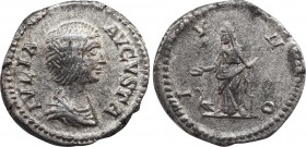 JULIA DOMNA (Augusta, 193-217). Denarius. Rome.
Obv: IVLIA AVGVSTA.
Draped bust right.
Rev: IVNO.
Juno standing left, holding patera and sceptre; ...