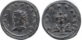 GALLIENUS (253-268). Antoninianus. Antioch. Obv: GALLIENVS AVG. Radiate, draped and cuirassed bust right. Rev: PAX FVNDATA. Trophy of arms; bound capt...